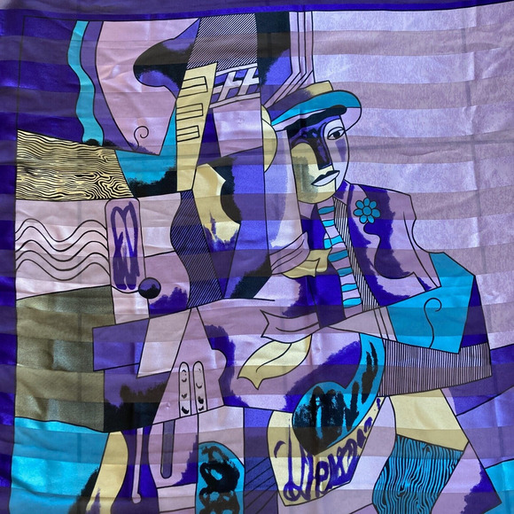 Vintage Cubism Cubist Purple Art Scarf Picasso? Face Print Abstract 40" Square - Picture 1 of 9